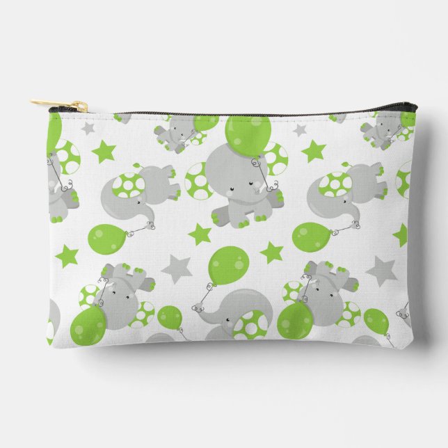 Pattern Of Elephants, Cute Elephants - Green Grey Accessory Pouch (Front)