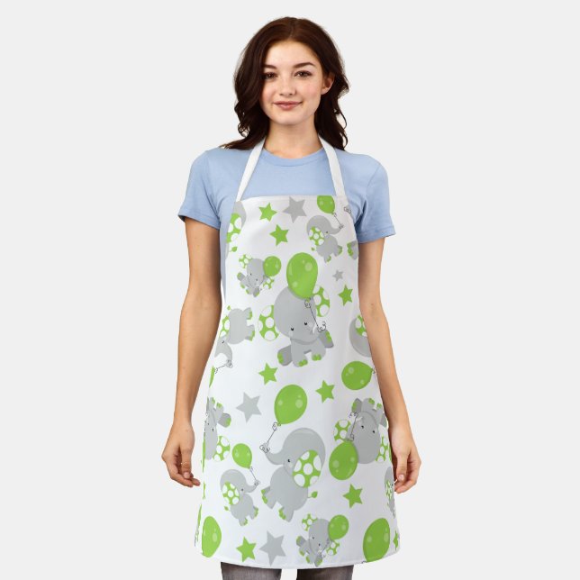 Pattern Of Elephants, Cute Elephants - Green Grey Apron (Worn)