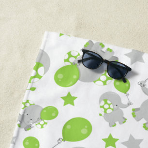 Pattern Of Elephants, Cute Elephants - Green Grey Beach Towel