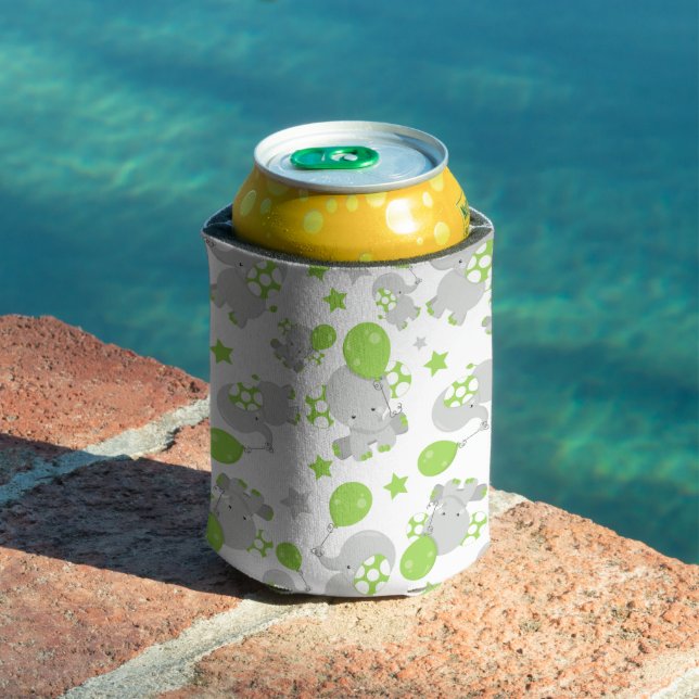Pattern Of Elephants, Cute Elephants - Green Grey Can Cooler (In Situ Pool)