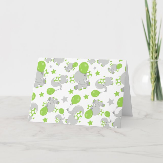 Pattern Of Elephants, Cute Elephants - Green Grey Card (Front)