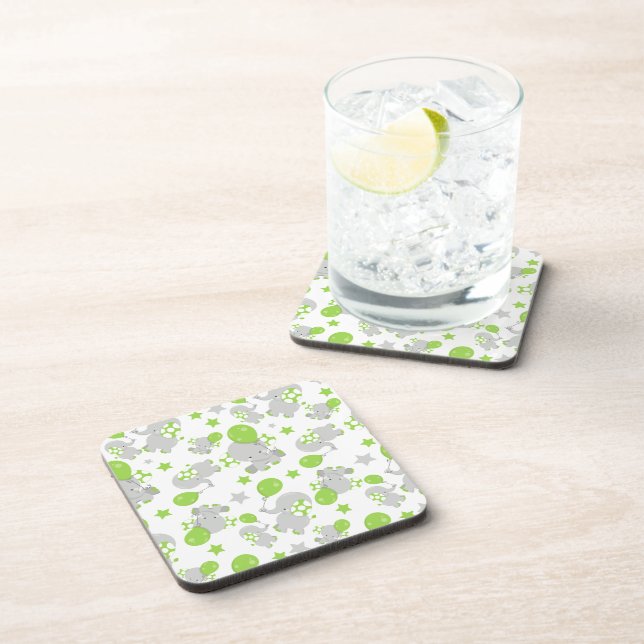 Pattern Of Elephants, Cute Elephants - Green Grey Coaster (Right Side)