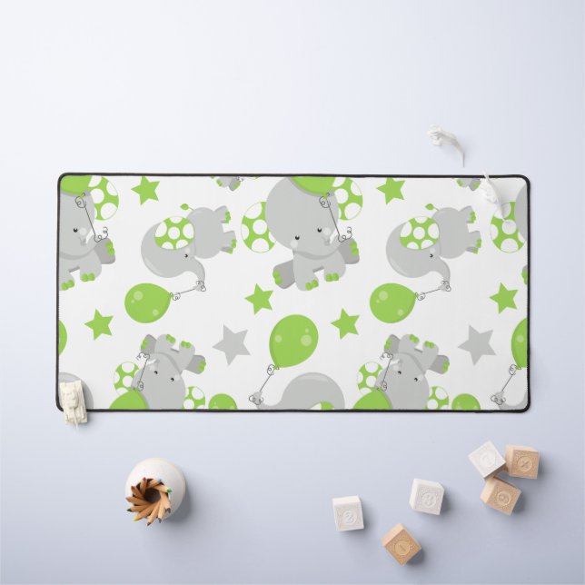 Pattern Of Elephants, Cute Elephants - Green Grey Desk Mat (Kids Table)