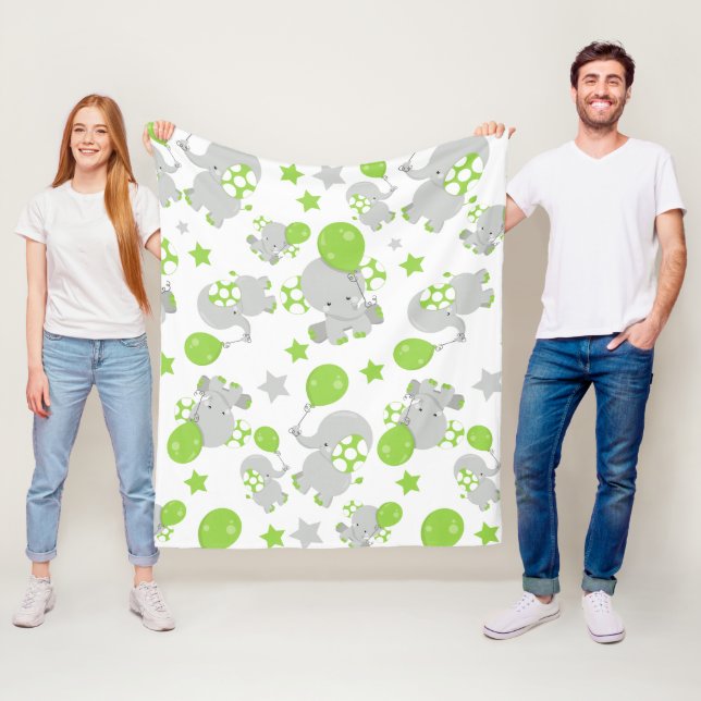 Pattern Of Elephants, Cute Elephants - Green Grey Fleece Blanket (In Situ)