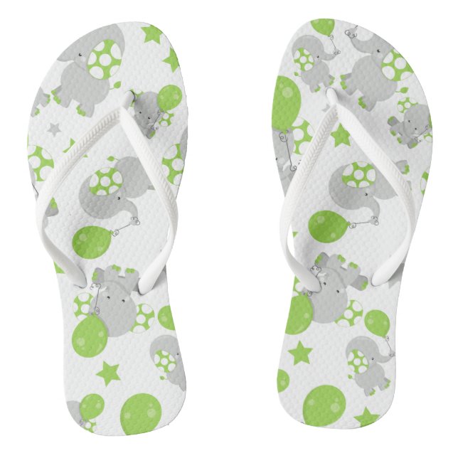 Pattern Of Elephants, Cute Elephants - Green Grey Flip Flops (Footbed)