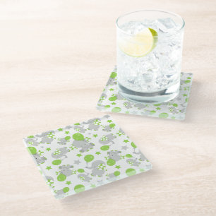 Pattern Of Elephants, Cute Elephants - Green Grey Glass Coaster