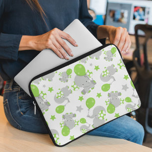 Pattern Of Elephants, Cute Elephants - Green Grey Laptop Sleeve