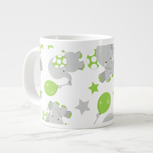 Pattern Of Elephants, Cute Elephants - Green Grey Large Coffee Mug (Front Left)
