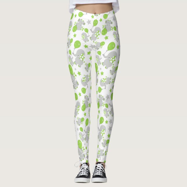 Pattern Of Elephants, Cute Elephants - Green Grey Leggings (Front)