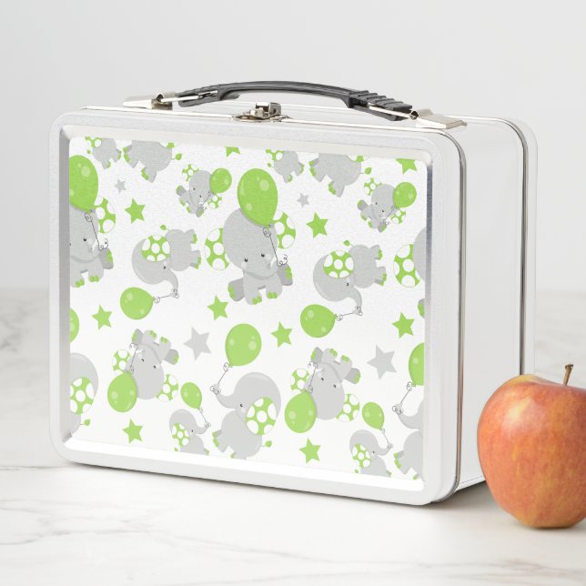 Pattern Of Elephants, Cute Elephants - Green Grey Metal Lunch Box (In Situ)
