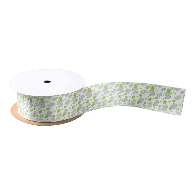 Pattern Of Elephants, Cute Elephants - Green Grey Satin Ribbon (Spool)