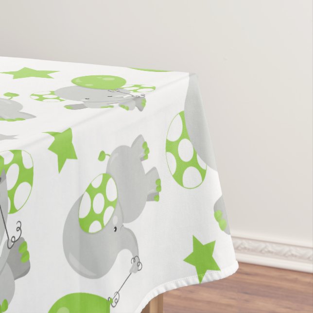Pattern Of Elephants, Cute Elephants - Green Grey Tablecloth (In Situ)