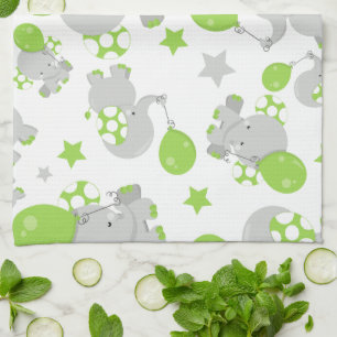 Pattern Of Elephants, Cute Elephants - Green Grey Tea Towel