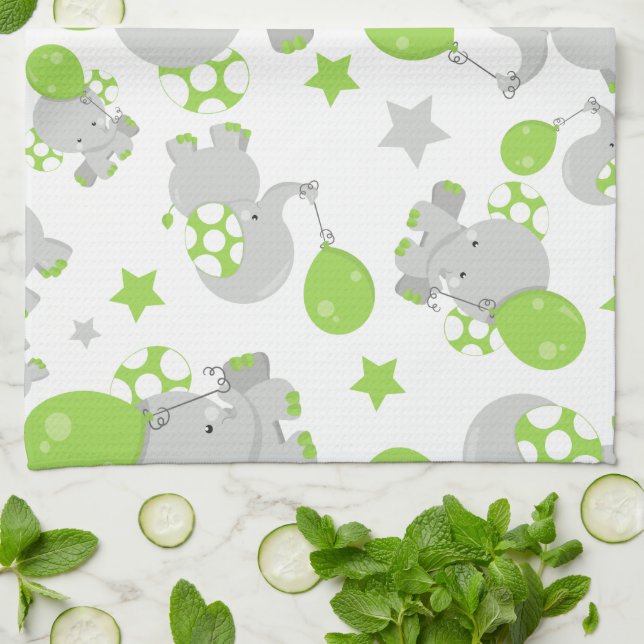 Pattern Of Elephants, Cute Elephants - Green Grey Tea Towel (Folded)