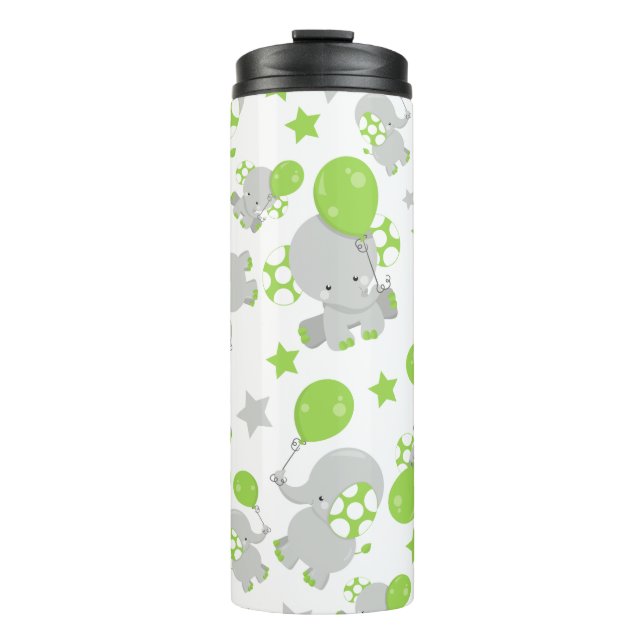 Pattern Of Elephants, Cute Elephants - Green Grey Thermal Tumbler (Front)