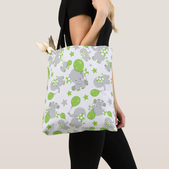 Pattern Of Elephants, Cute Elephants - Green Grey Tote Bag (Close Up)