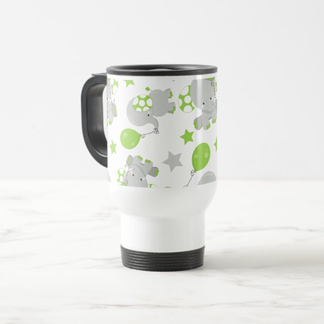 Pattern Of Elephants, Cute Elephants - Green Grey Travel Mug (Front Left)