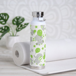 Pattern Of Elephants, Cute Elephants - Green Grey Water Bottle