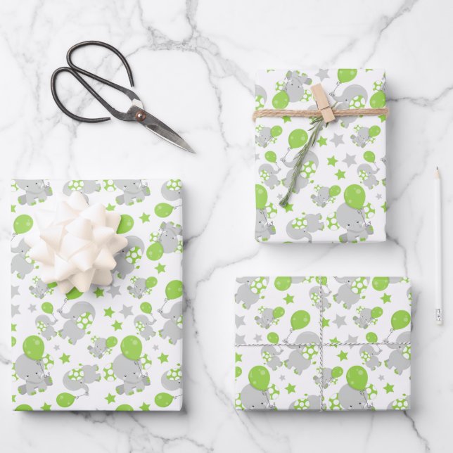 Pattern Of Elephants, Cute Elephants - Green Grey Wrapping Paper Sheet (Front)