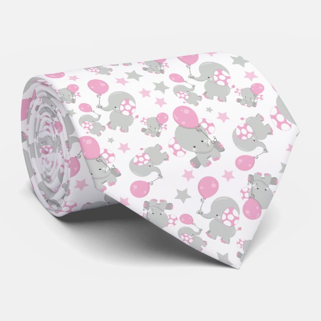 Pattern Of Elephants, Cute Elephants - Pink Gray Tie (Rolled)