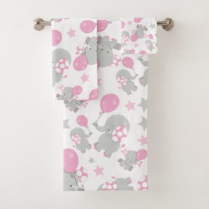 Pattern Of Elephants, Cute Elephants - Pink Grey Bath Towel Set