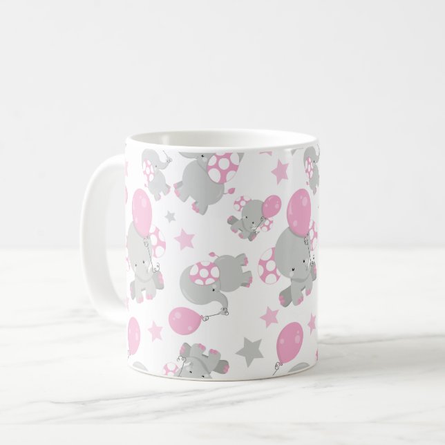 Pattern Of Elephants, Cute Elephants - Pink Grey Coffee Mug (Front Left)