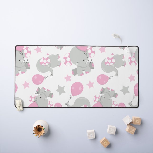 Pattern Of Elephants, Cute Elephants - Pink Grey Desk Mat (Kids Table)