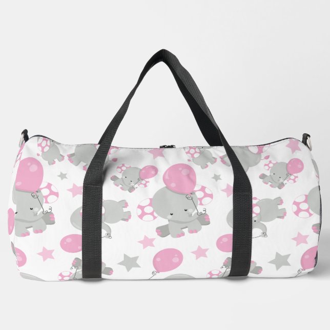 Pattern Of Elephants, Cute Elephants - Pink Grey Duffle Bag (Front)
