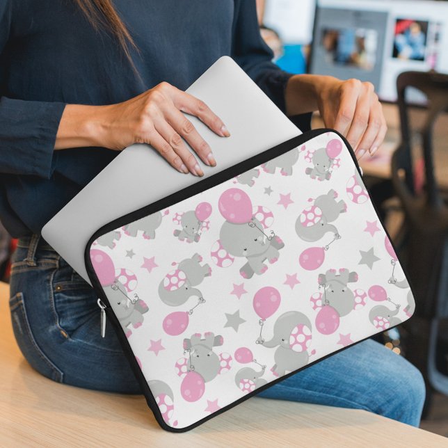 Pattern Of Elephants, Cute Elephants - Pink Grey Laptop Sleeve (Creator Uploaded)
