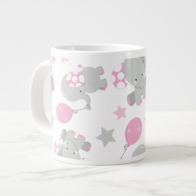 Pattern Of Elephants, Cute Elephants - Pink Grey Large Coffee Mug (Front Left)