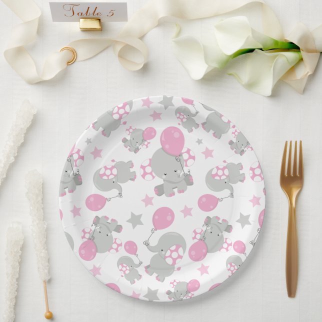 Pattern Of Elephants, Cute Elephants - Pink Grey Paper Plate (Wedding)