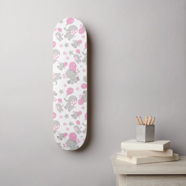 Pattern Of Elephants, Cute Elephants - Pink Grey Skateboard (Wall Art)