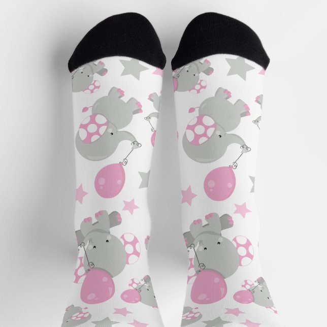 Pattern Of Elephants, Cute Elephants - Pink Grey Socks (Top)