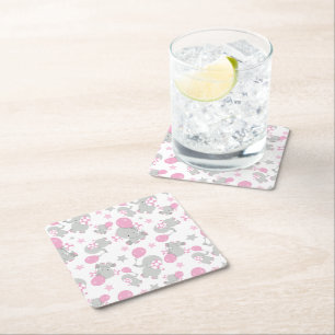 Pattern Of Elephants, Cute Elephants - Pink Grey Square Paper Coaster