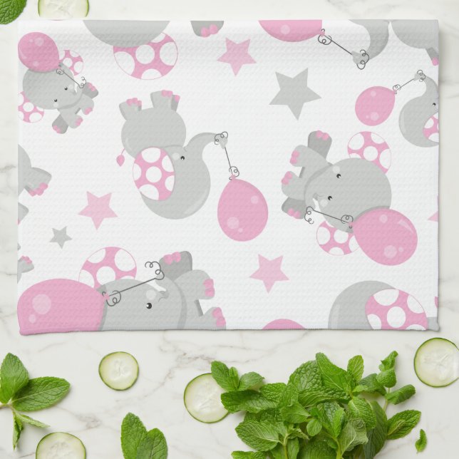 Pattern Of Elephants, Cute Elephants - Pink Grey Tea Towel (Folded)