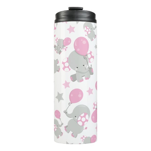 Pattern Of Elephants, Cute Elephants - Pink Grey Thermal Tumbler (Front)