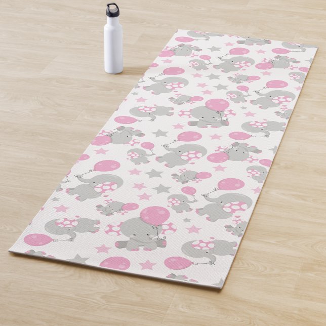 Pattern Of Elephants, Cute Elephants - Pink Grey Yoga Mat (In Situ)