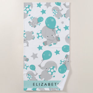 Pattern Of Elephants, Cute Elephants, Your Name Beach Towel
