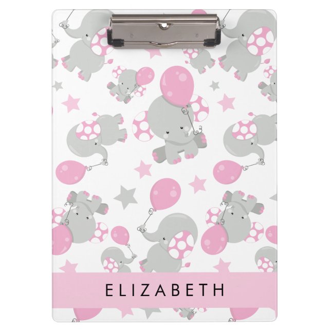 Pattern Of Elephants, Cute Elephants, Your Name Clipboard (Front)