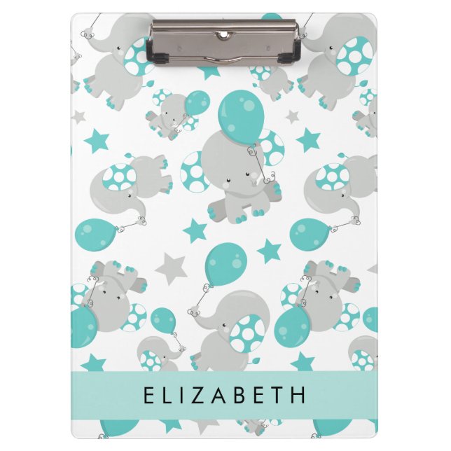 Pattern Of Elephants, Cute Elephants, Your Name Clipboard (Front)