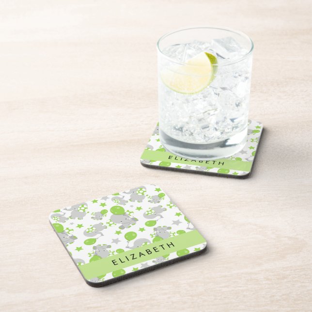 Pattern Of Elephants, Cute Elephants, Your Name Coaster (Right Side)