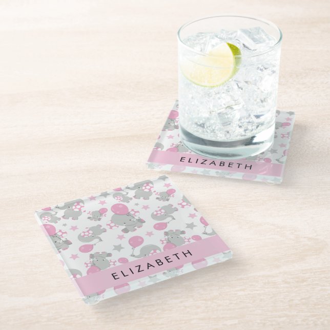 Pattern Of Elephants, Cute Elephants, Your Name Glass Coaster (Angled)