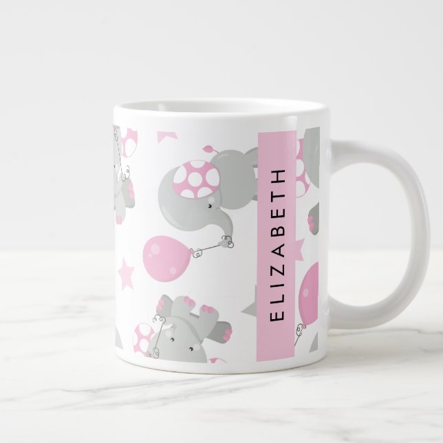 Pattern Of Elephants, Cute Elephants, Your Name Large Coffee Mug (Right)