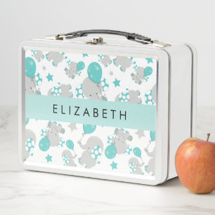 Pattern Of Elephants, Cute Elephants, Your Name Metal Lunch Box