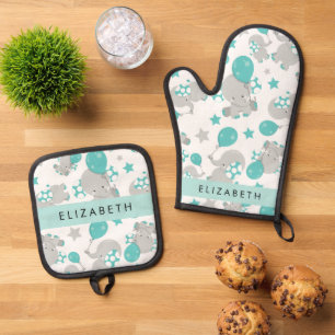Pattern Of Elephants, Cute Elephants, Your Name Oven Mitt & Pot Holder Set