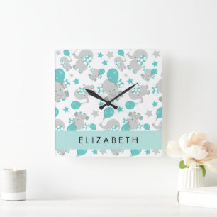 Pattern Of Elephants, Cute Elephants, Your Name Square Wall Clock
