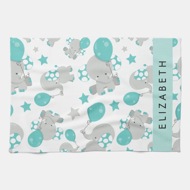 Pattern Of Elephants, Cute Elephants, Your Name Tea Towel (Horizontal)