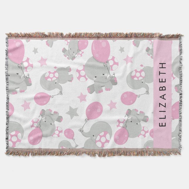 Pattern Of Elephants, Cute Elephants, Your Name Throw Blanket (Front)