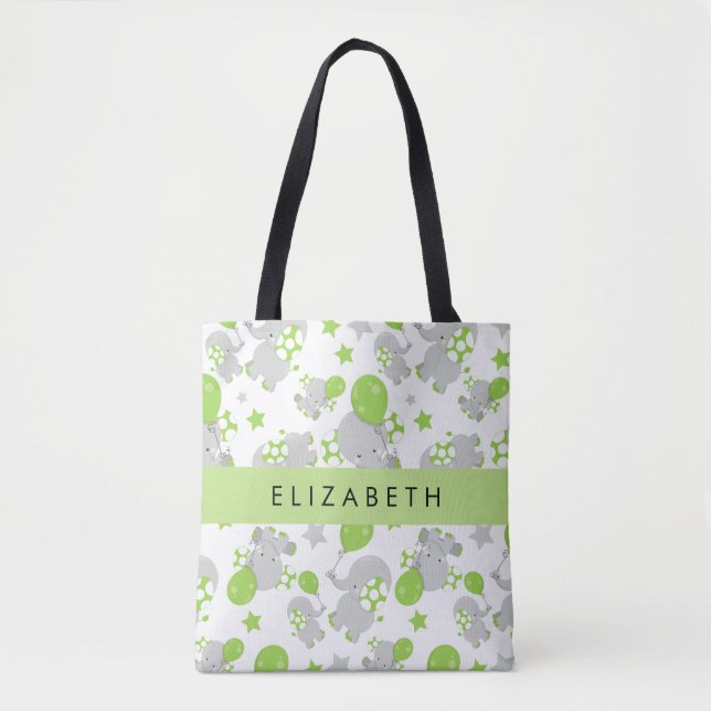 Pattern Of Elephants, Cute Elephants, Your Name Tote Bag (Front)