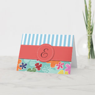 Pattern Of Flowers, Blue Stripes, Monogram Note Card